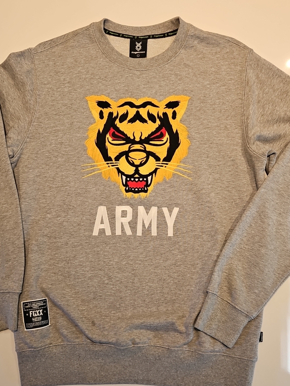 Fingercroxx - Gray Crewneck Sweater w/ Yellow Tiger & Army Graphic - Mens Large